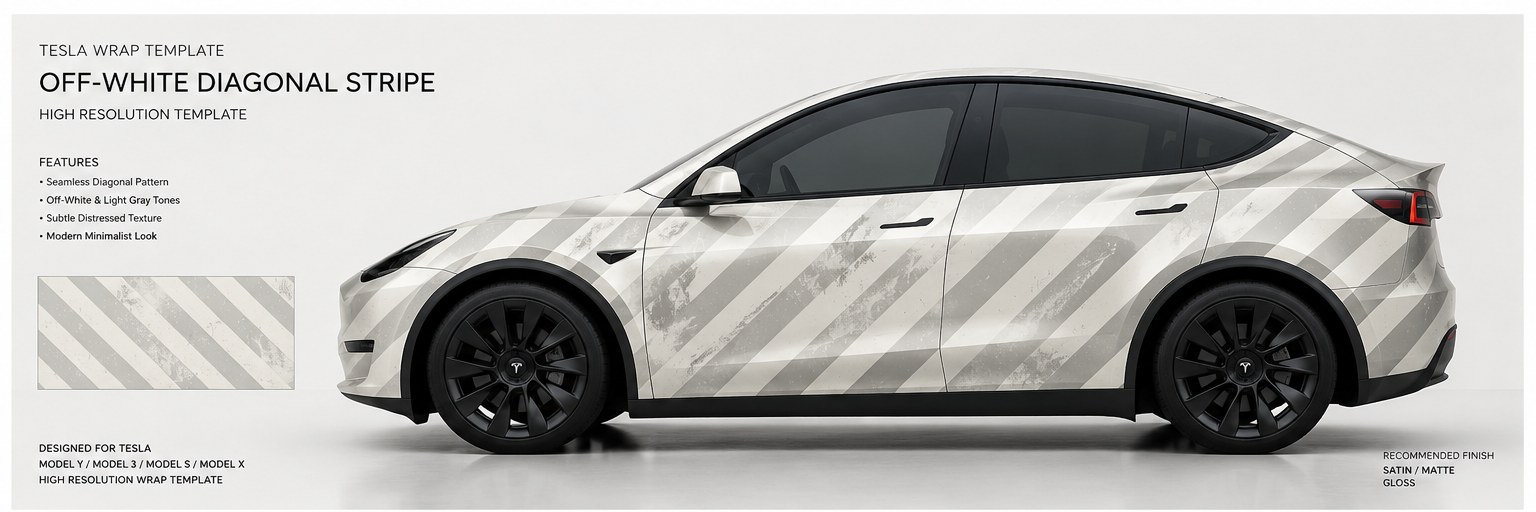 Off-white diagonal stripe wrap on Tesla — next drop