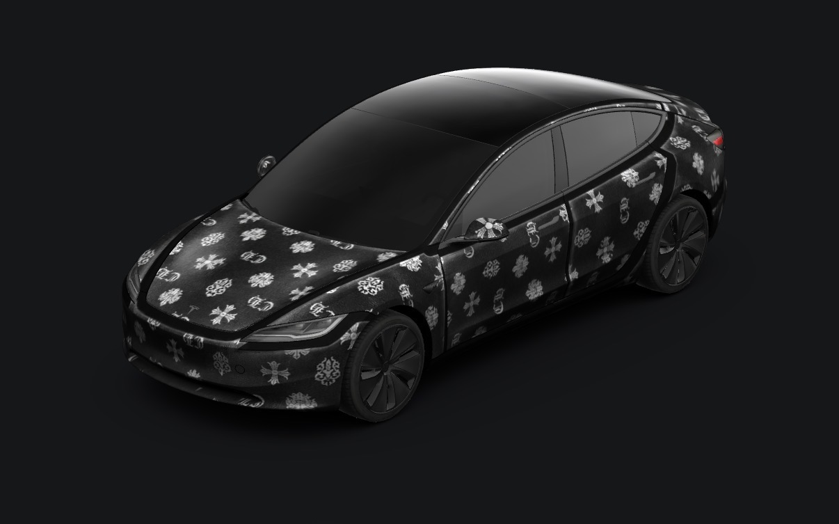 Studio render of a Tesla Model 3 in a black gothic-cross monogram wrap