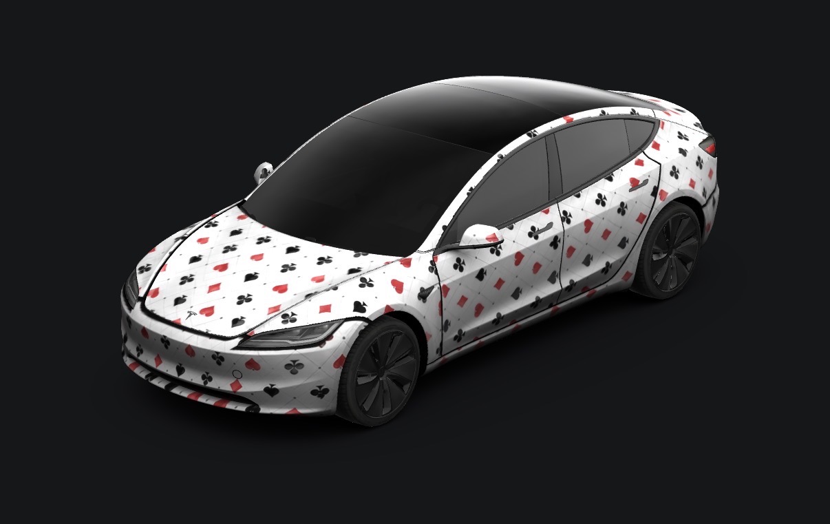 Studio render of a Tesla Model 3 in a white playing-card suits wrap