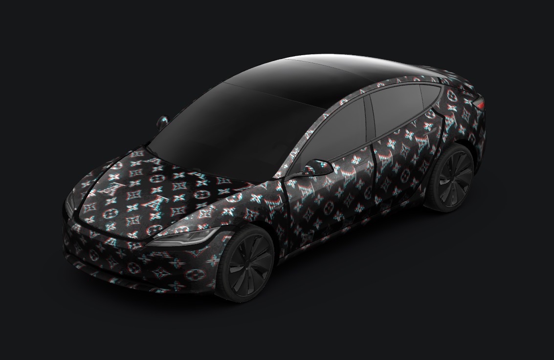 Studio render of a Tesla Model 3 in a black glitch monogram wrap