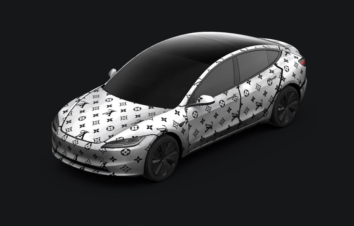 Studio render of a Tesla Model 3 in an ivory wrap with black monogram